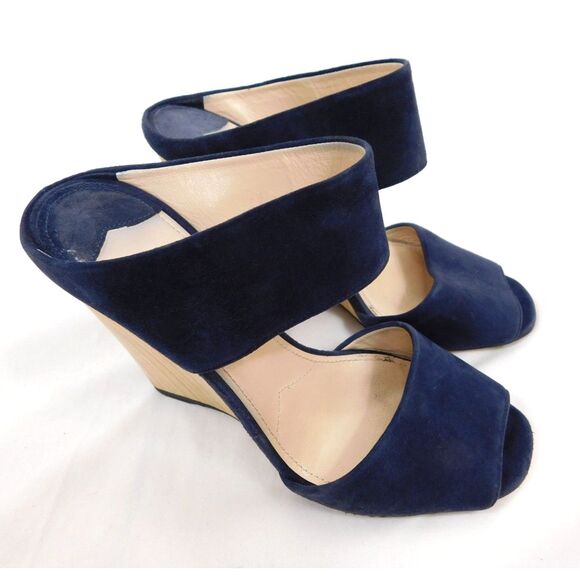 Authentic Prada Navy Blue Wedge Sandals SZ 37 - Picture 1 of 8